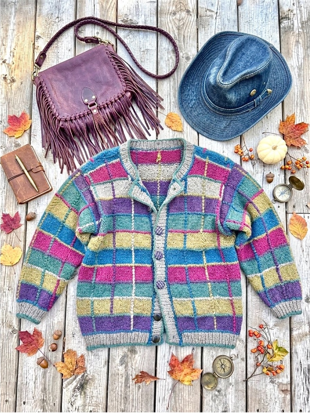 Artisan patchwork vibe boho wool knit sweater w cottagecore country prairie vibe - Picture 2 of 16